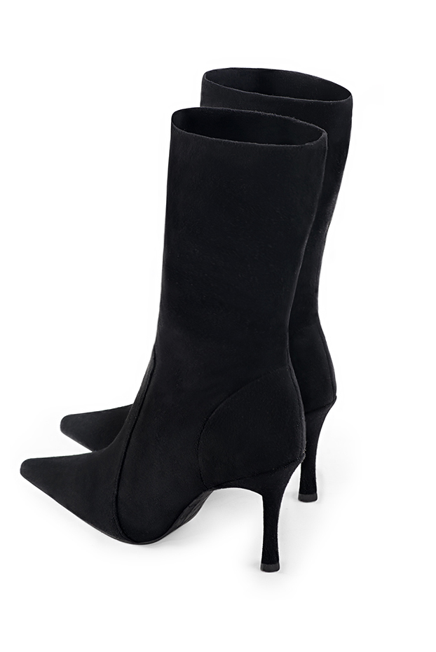 Matt black women's mid-calf boots. Pointed toe. Very high slim heel. Made to measure. Rear view - Florence KOOIJMAN